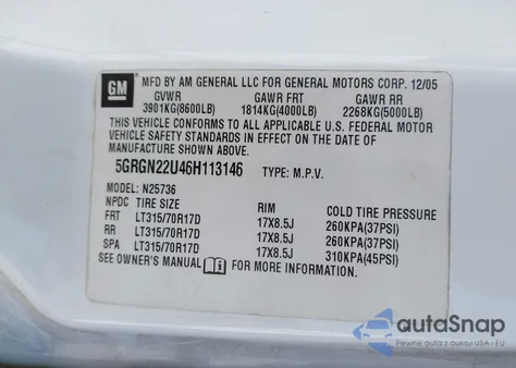 2006 Hummer H2 Sut из США, поврежденный, VIN 5GRGN22U46H113146